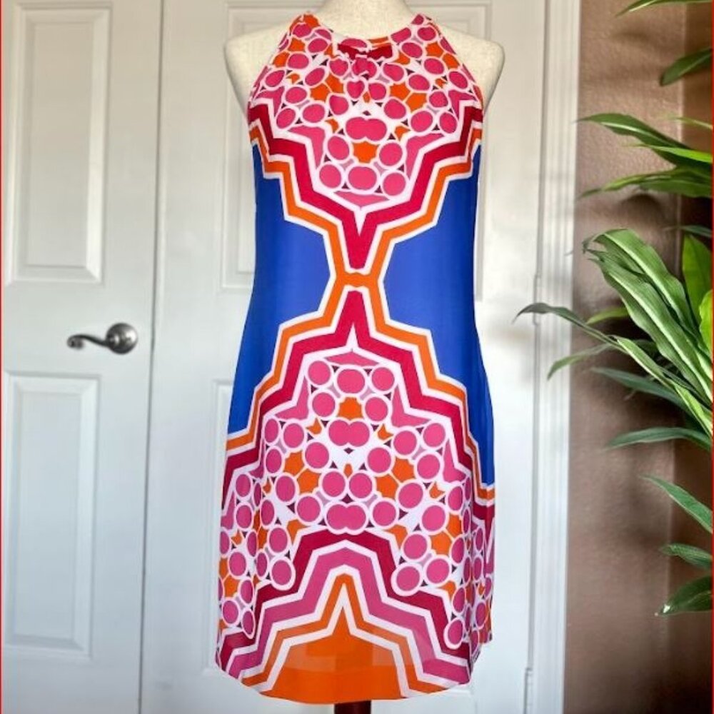 BANANA REPUBLIC VIBRANT GEO PRINT 70'S INSPIRED HALTER DRESS, EUC - 6 PETITE